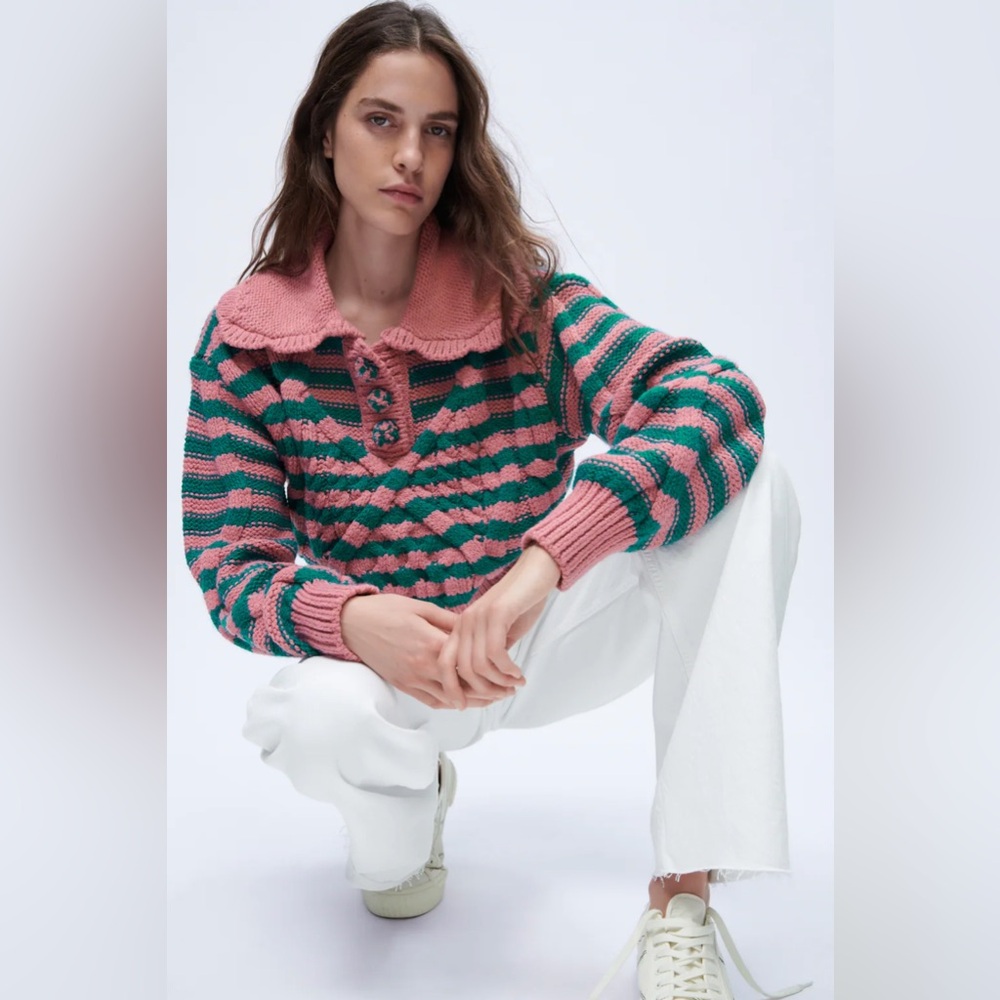 ZARA Ruffled Striped Cable Knit Sweater Pink Green Size S - Picture 1 of 11
